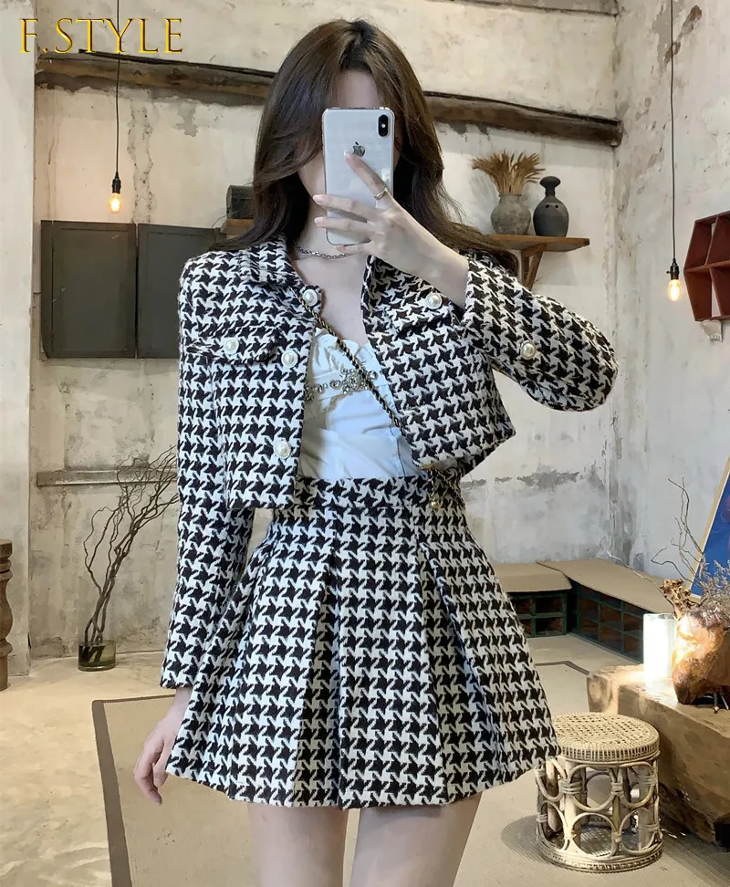 F GIRLS Temperament Matching Sets Retro O Tweed Plaid Jacket Short Long Sleeve Cardigan Slim Top Mini Houndstooth Pleated