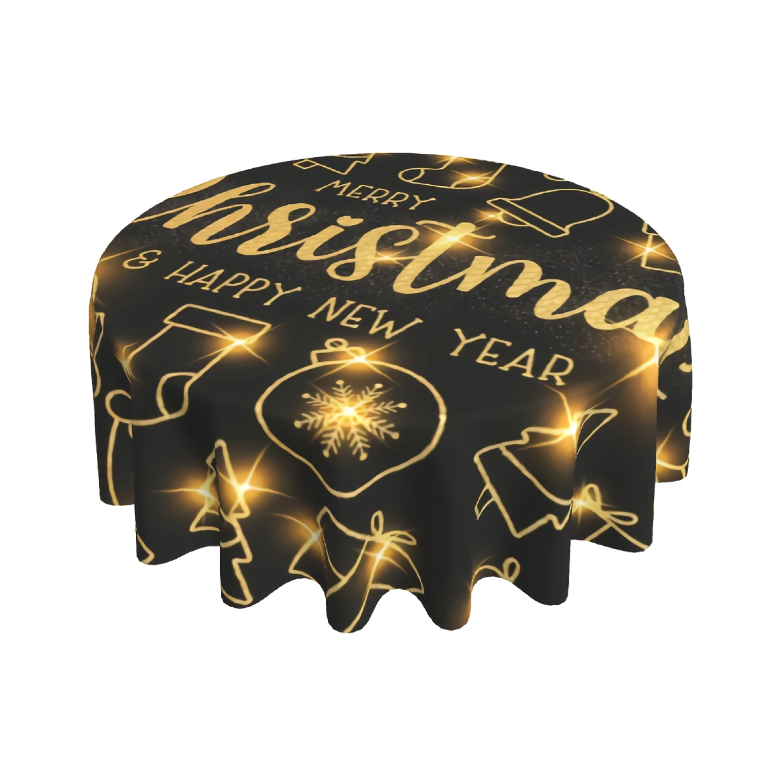 

Gold Xmas Tree Ball Bell Table Cloth with Dust-Proof Wrinkle Resistant Waterproof Decorative Table Cover