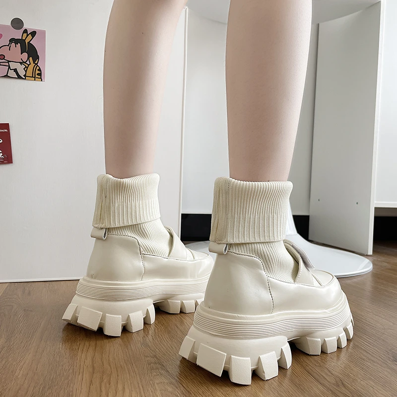 Women Ankle Sock Boots 2023 Winter New Brand Knitting Chelsea Boots Fashion Flats Platform Mary Janes Shoes Motorcycle Botas New