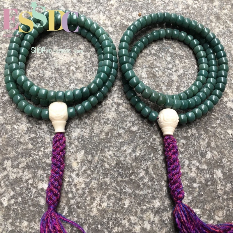 

108 Green Bodhi Root Bracelets Dark Barrel Beads With Ivory Fruit Three-way Tassel 8*10mm