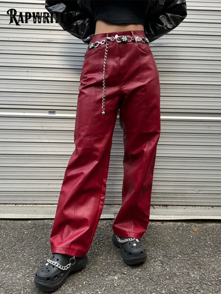 

Rapwriter y2k Red Pants Casual Fashion PU Leather Pants Harajuku Zipper Patched Sweatpants 90s Women Streetwear Vintage Capris