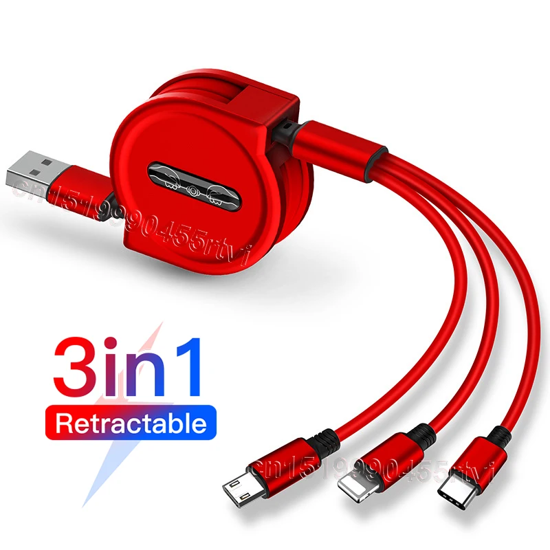 

120cm 3 In 1 USB Charge Cable for iPhone 13 12 Micro USB Type C Cable Retractable Portable Charging Cable For iPhone X 8 Samsung