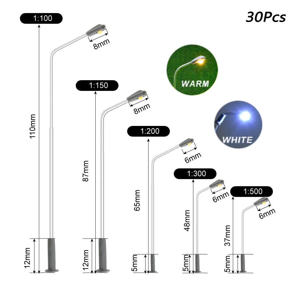 Миниатюрный уличный светильник Scale1:75-500, металлический светодиодный Железнодорожный светильник для моделирования, песочный стол, архитектура, сцены, материалы Диона, 30 шт.