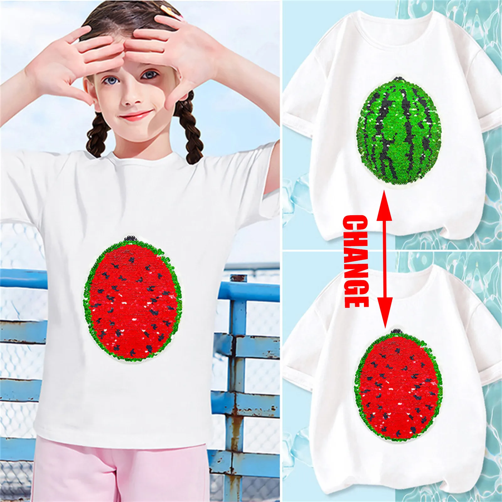 

Magic Changing Flip Sequins Watermelon T Shirts Summer Clothing For Mother And Daughter Short Sleeve Top Family Matching Outfits