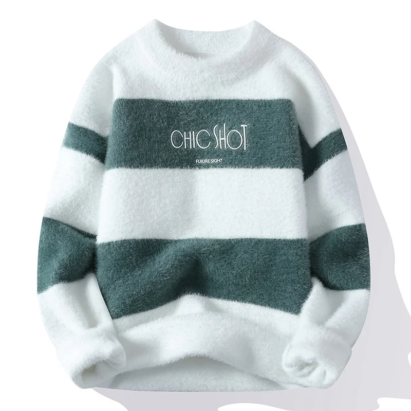 

#5928 Spliced Color Striped Mohair Sweater Men O-neck Knitted Pullover Male Warm Letters Teenager Men Knitwear Sweater Winter