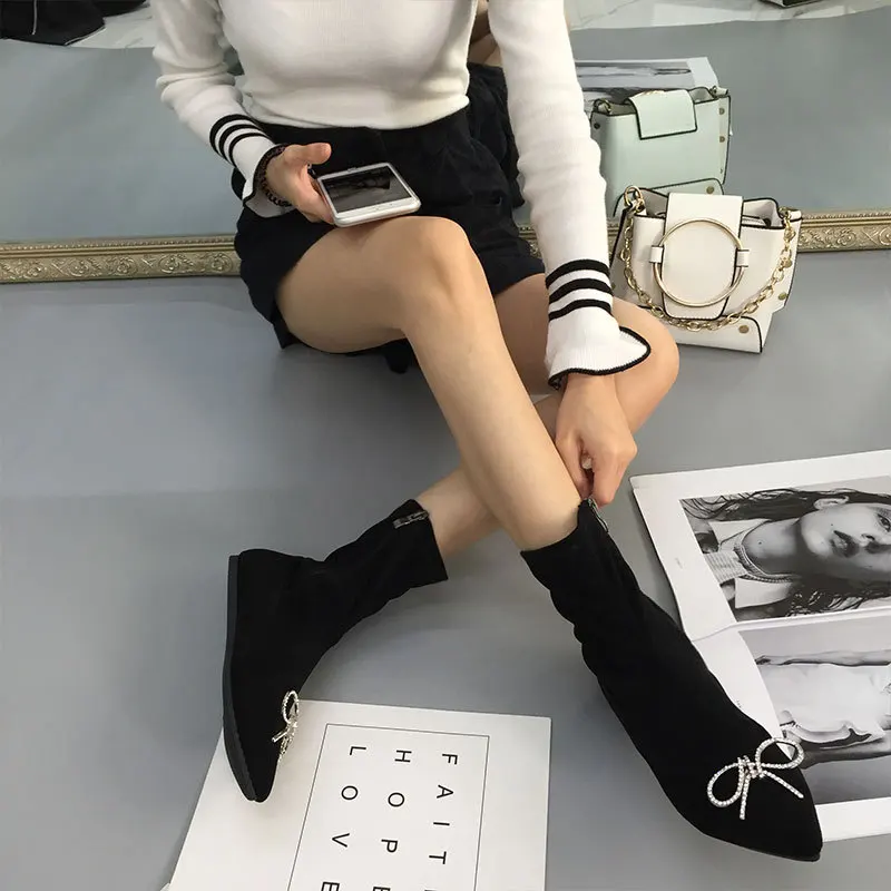 Glitter Crystal Bow-knot Flat Heels Chelsea Boots Women Slim Black Socks Botas Pointed Toe Side Zipper Ankle Short Botines Femme