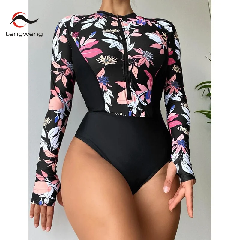 

Women's Rashguard Swimwear Sports Long Sleeve Swimsuit One Piece Woman 2023 Print Zipper Swimsuits For Surfing Diving Bodysuit