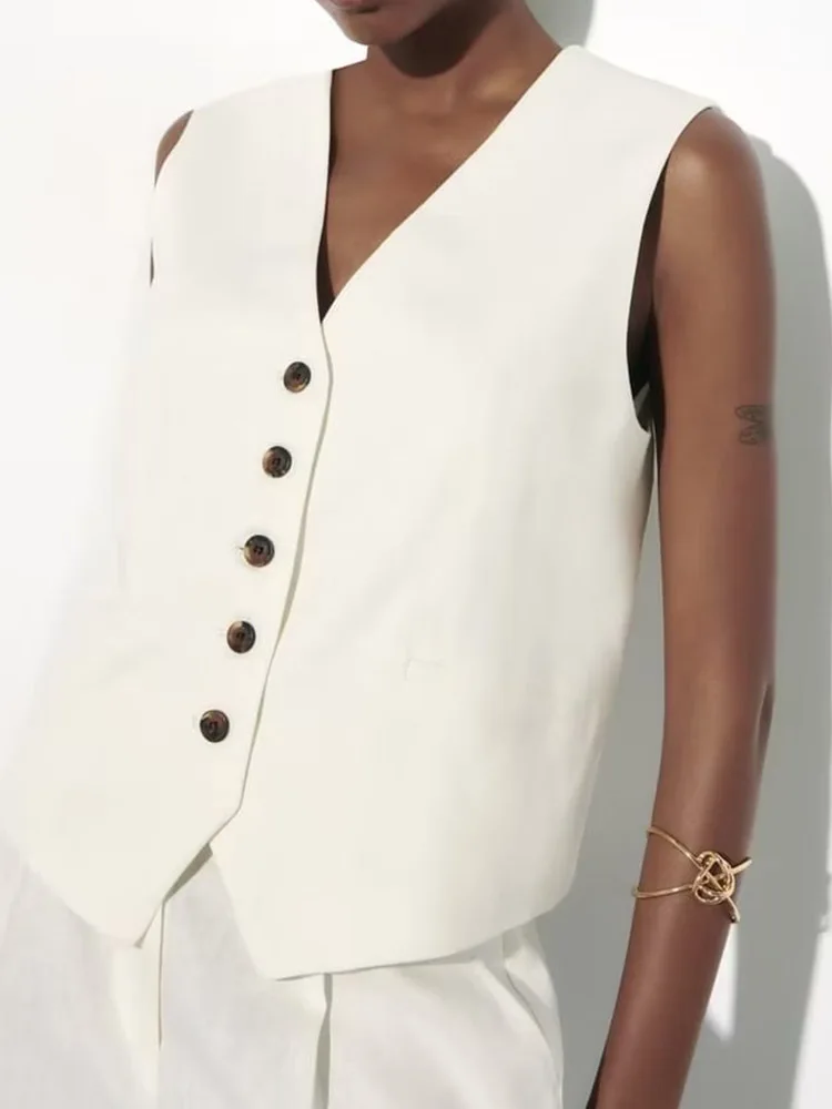 

2023 Women Summer Vests Coats Casual Solid Linen V-Neck Single Breasted Female Elegant Street Waistcoat Vest Clothing