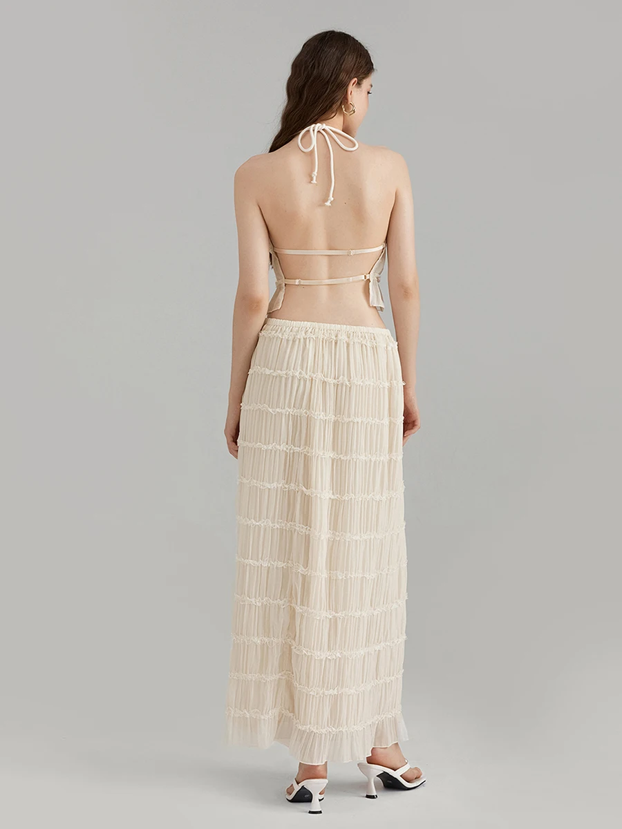 Женский летний комплект из двух предметов с юбкой топ без рукавов рюшами и лямкой