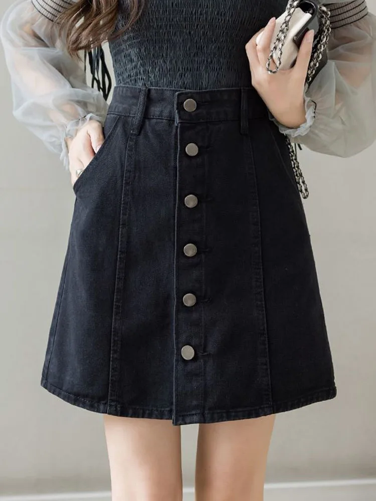

Black Denim Skirt Women's Summer 2022 New Single-breasted High Waist A-line Skirt Slim Joker Mini Skirt