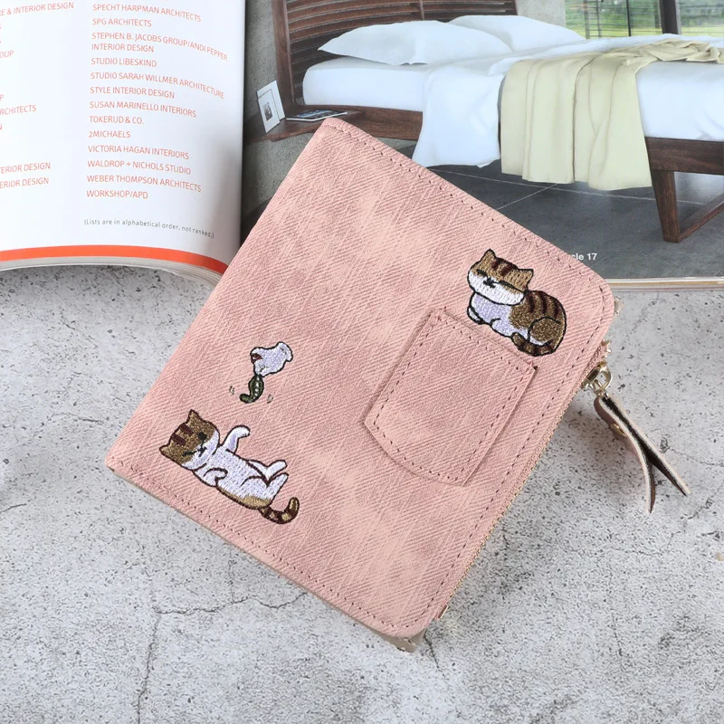 Embroidery Cat Women Short Wallet Zipper Coin Purse Short Women's Wallet Kawaii Mini Cards Holder Clutch for Girl Carteras