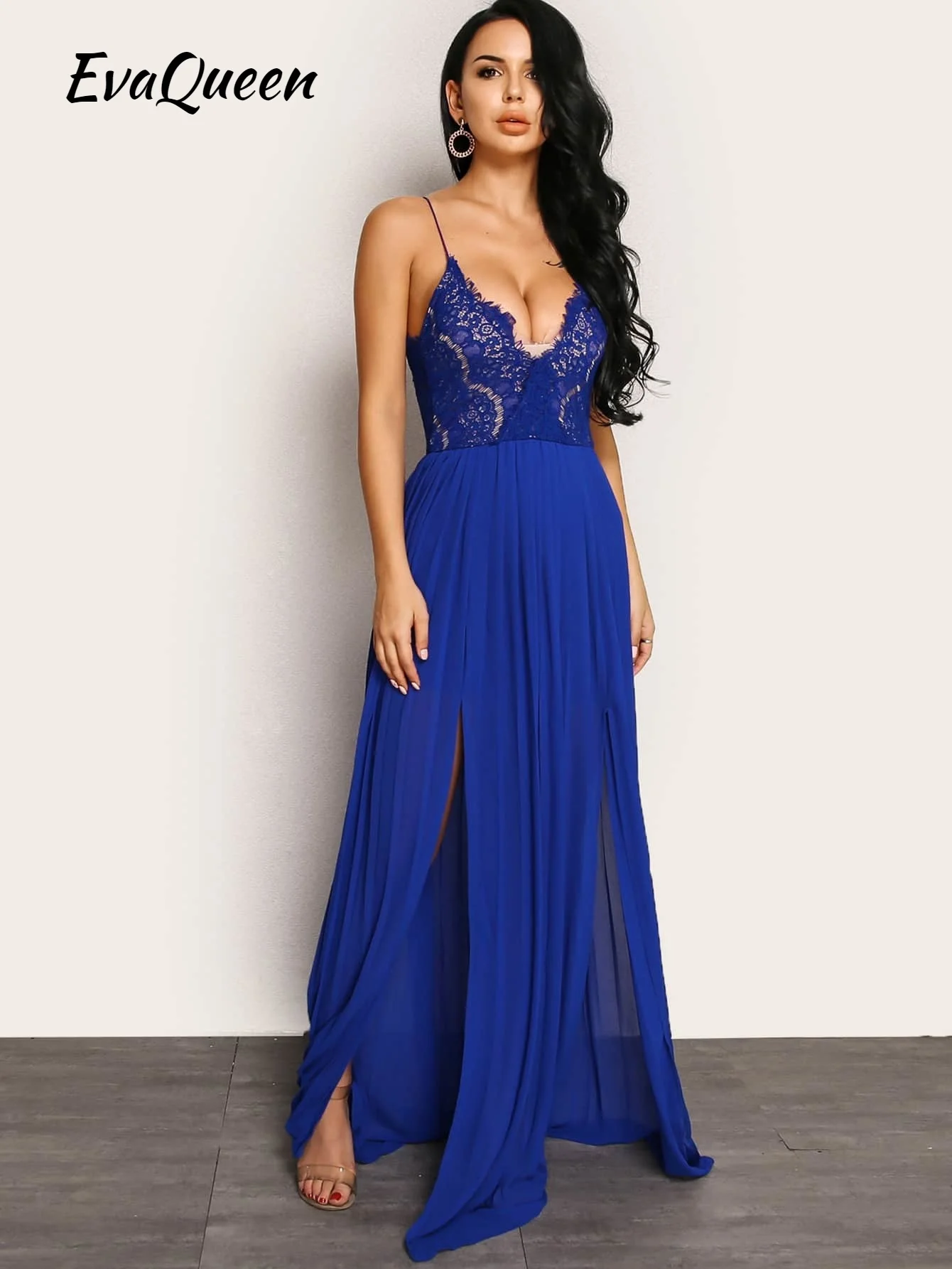 

EvaQueen M-slit Front Floral Lace Applique Cami Dress