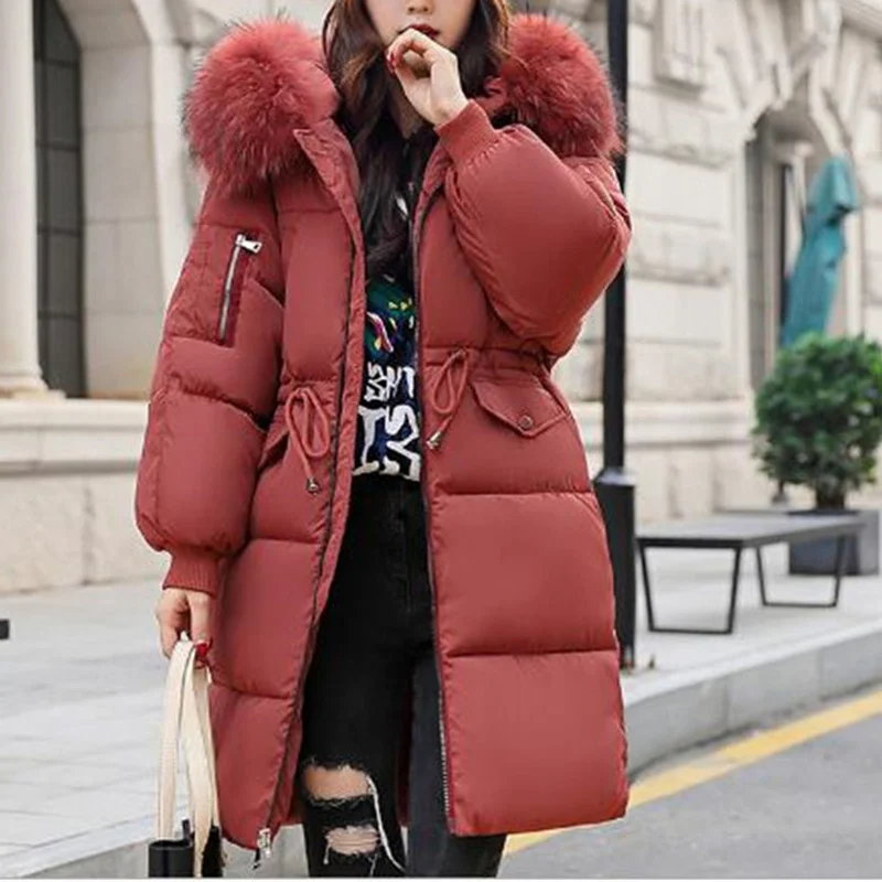 Winter New Korean Style College Thickening Jackets Parkas Women's Mid-Length Padded Coats with Large Fur Collar Female Overcoat