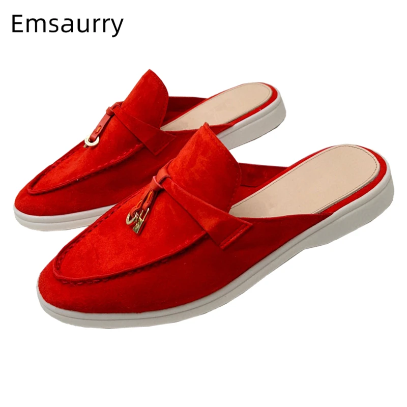 

Luxury Suede Multicolor Slip-On Mules For Girls Flat Heel Sewing Round Toe String Locked Decor Outwear Slippers Women