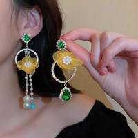 korean style asymmetric yellow flowers drop earrings for women girls long tassel green crystal dangle earrings party jewelry