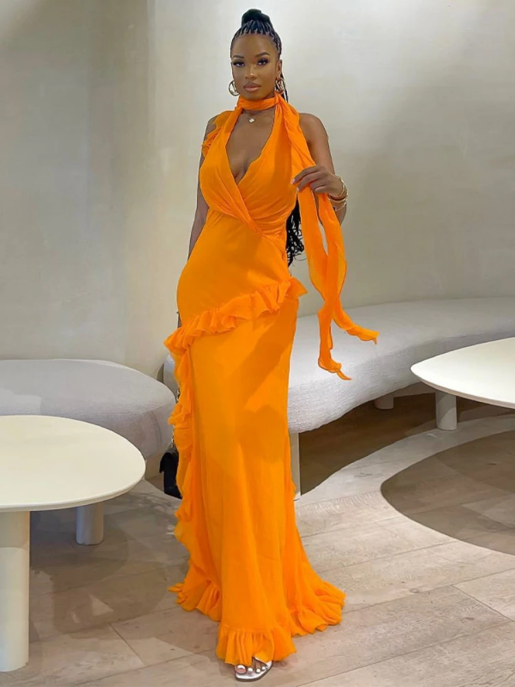 

Sunny Sexy Backless Pleated Split Maxi Dress Women Elegant Luxury Summer V-Neck Slim Y2K Dress Evening Party Dresses For Women