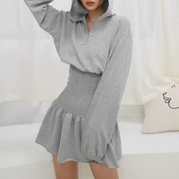 2021 autumn fashion trend womens new solid color lantern sleeve casual hooded long sleeved waist bag hip slim dress female