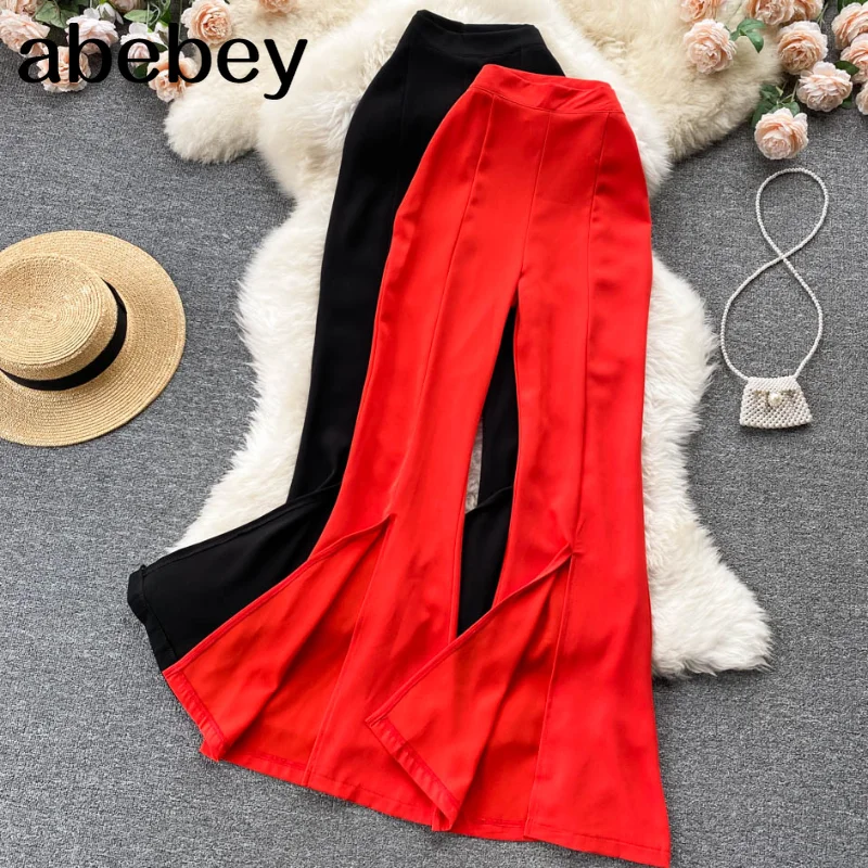 

Модные пикантные расклешенные брюки с разрезом, женские узкие брюки с высокой талией, облегающие брюки, Весенняя винтажная уличная одежда в...