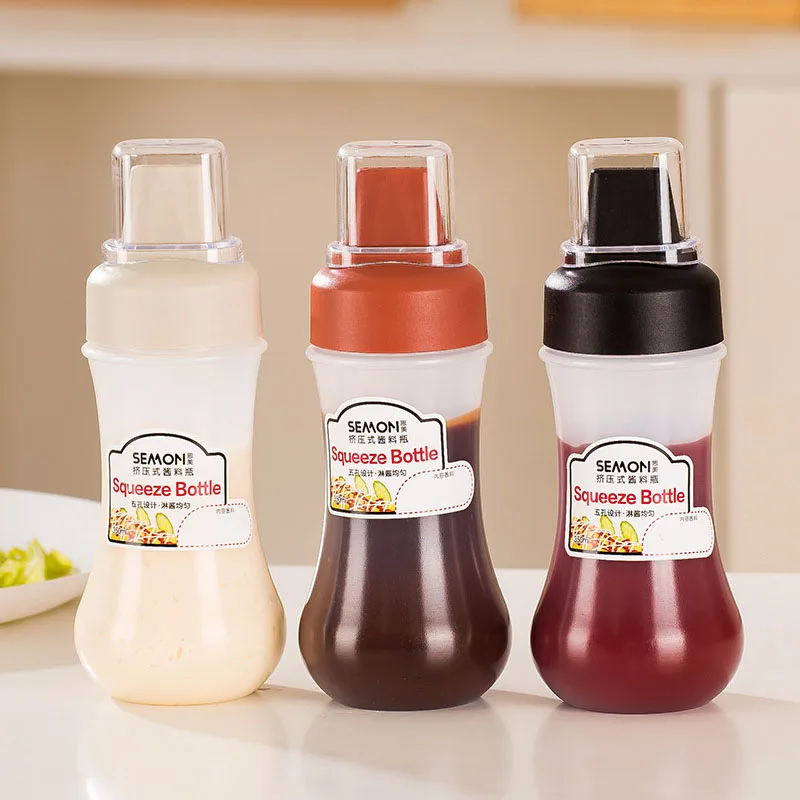 

5 Hole Squeeze Type Sauce Bottle With Scale 350ml Condiment Bottle With Nozzles Ketchup Mustard Sauce Bottles Olive Oil Bottles