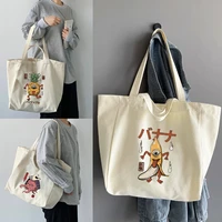 foldable reusable women shopping bags casual student canvas tote bags shopper bags 2022 cute monster pattern print shoulder bag