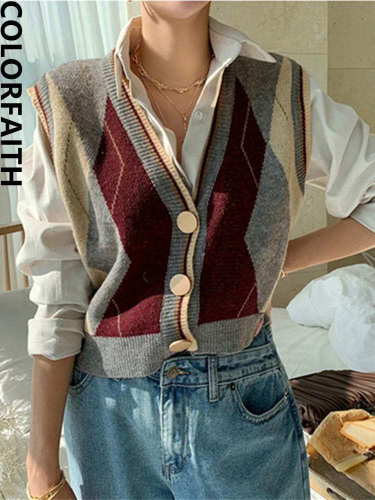 

Colorfaith SWV1380JX New 2023 Autumn Winter Women Sweaters V-Neck Sleeveless Oversized Vintage Vest Argyle Waistcoat Lady Tops