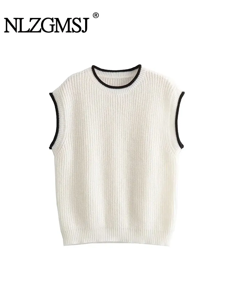 

Nlzgmsj TRAF Cropped Knitted Vest Women Sleeveless Vest Woman O-Neck Pullovers Short Sweaters Vests Autumn Knit Top