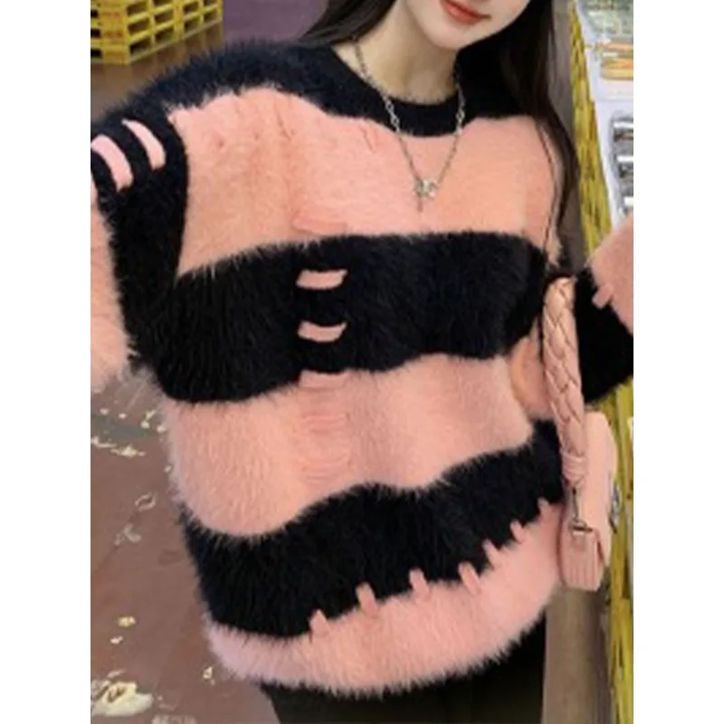 

Casual Knitted Sweaters for Women Long Sleeve Streetwear Korean Fashion Pullovers Loose Striped 2023 New Autumn Winter Tops