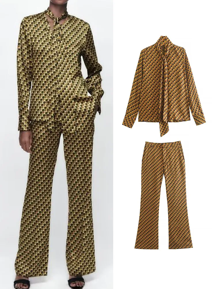 

TRAF Fashion Plaid Print Pants Sets 2022 Spring Autumn Long Sleeved Chic Bow Blouses+Flare Pants Street Casual Outwear