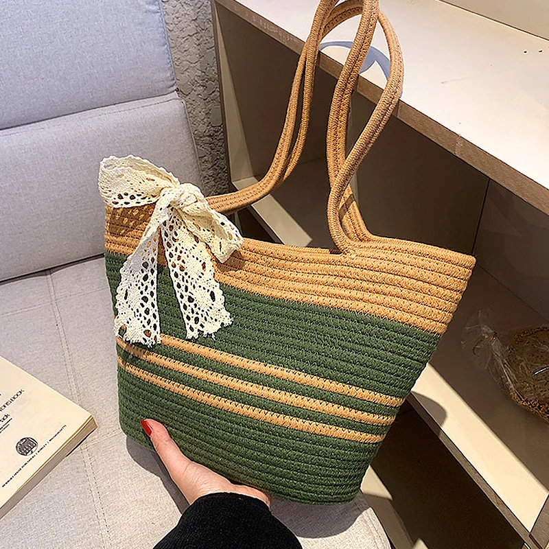 Straw Woven Tote Bags Summer Casual Large Capacity Handbags Fashion Beach Bucket Bags with Bowknot Shoulder Simple Shopping Bags