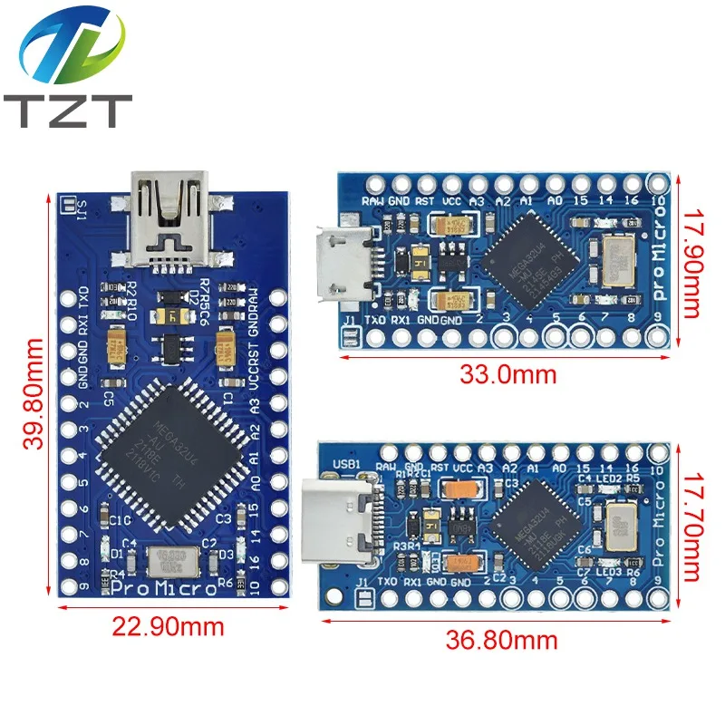 TZT Pro Micro ATmega32U4 5V 16MHz Replace ATmega328 For Arduino Mini With 2 Row Pin Header Leonardo Usb Interface - купить по