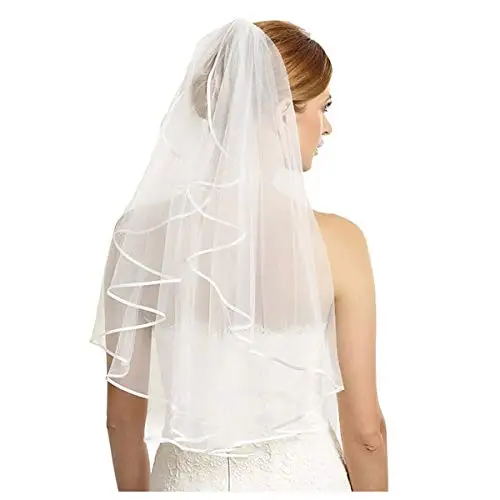 

Wedding Simple Tulle White Ivory Two Layers Bridal Veils Ribbon Edge Cheap Bride Accessories 75cm Short Women Veil With Comb