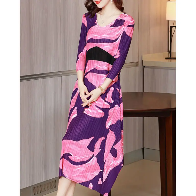 

Women dress Ocean-style designed seven-point sleeve pleated dress 2021 fashion new color stroke temperament print dress clothing