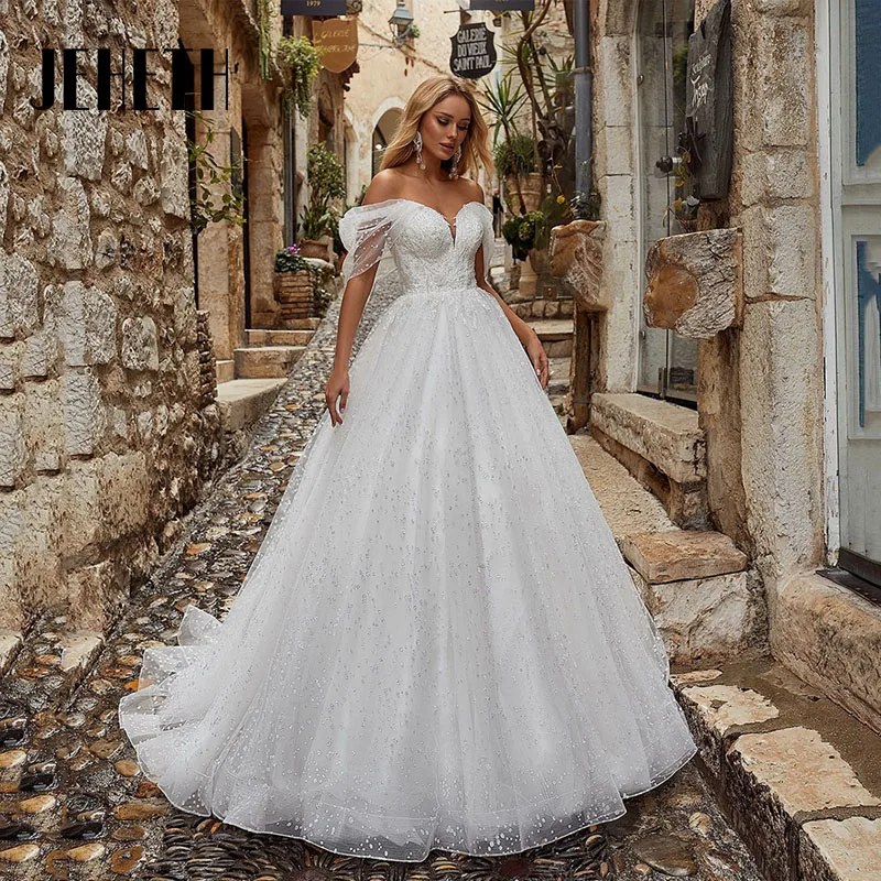 

JEHETH A Line Sweetheart Neck Wedding Dress 2023 Princess Off The Shoulder Tulle Bridal Gown Sweep Train Custom Made