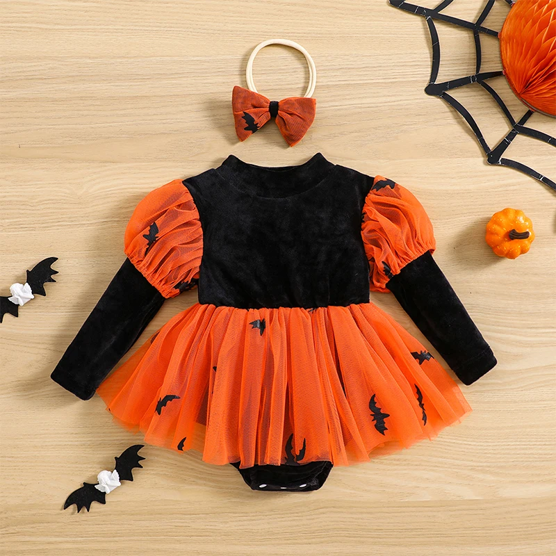 

New Baby Girls 2Pcs Halloween Outfits Long Puff Sleeve Bat Print Romper Dress With Headband Set Newborn Clothes 3-24 Months