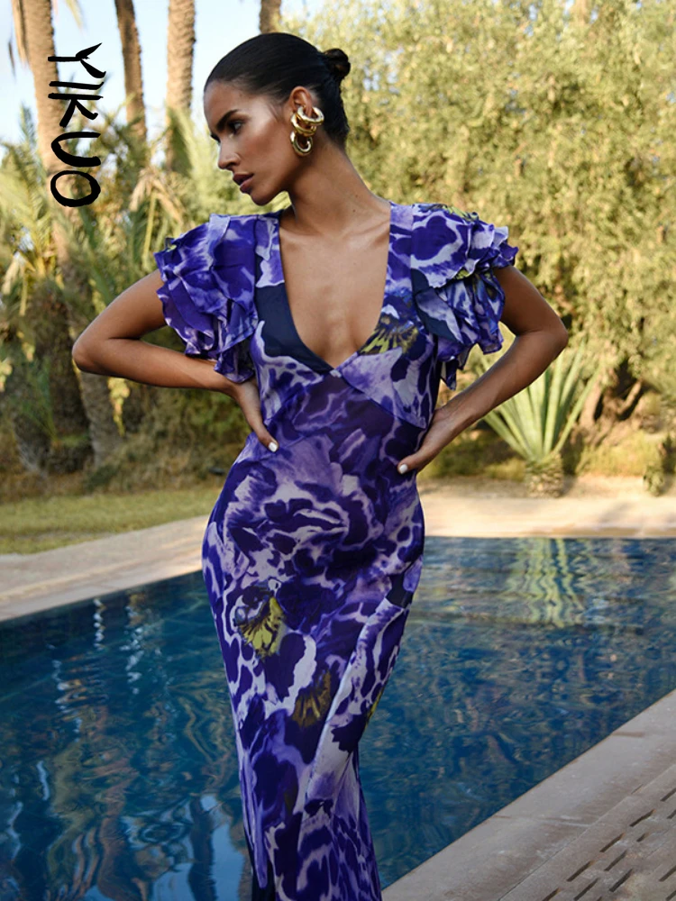 

YIKUO Sexy Maxi Dress 2022 Women Purple Orchid Print Long Summer Dresses Deep V Butterfly Sleeve Elegant Party Beach Vestidos