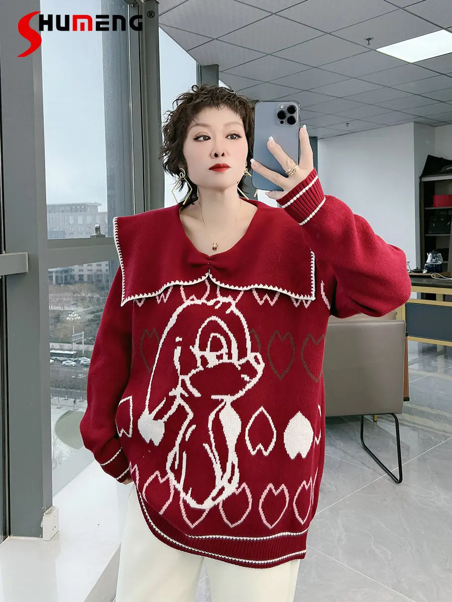 Large Size Women's Clothing French Lazy Style Fashion Loose Pullover Sweater 2022 Fall Winter Sweet Chic Doll Collar Knitted Top
