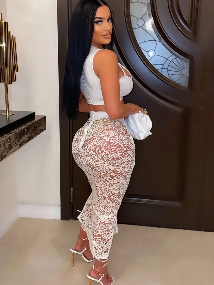 

New Chic White Hollow Out Caged Skirt Set (White) Two-Piece Outfits Elegant Halter Neck Crop Top And Skirt Set Clubwear