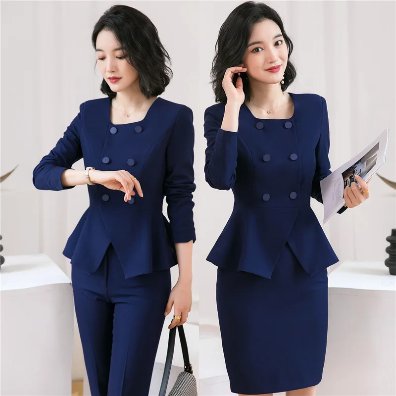 IZICFLY Spring Autumn Style Fashion Uniform Clothes Business Suits With Trouser Slim Office Blazer Set Woman 2 Pieces Wear
