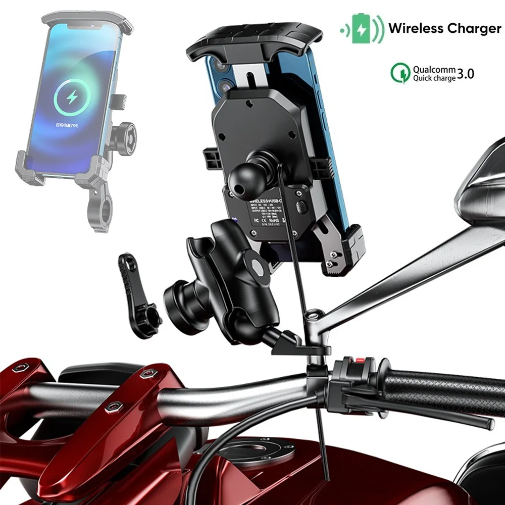 

Anti-Theft Motorcycle Phone Holder Mount Wireless Charger 15W & USB C PD Quick Charge Mirror Handlebar 1" Ball Stem Phone Holder