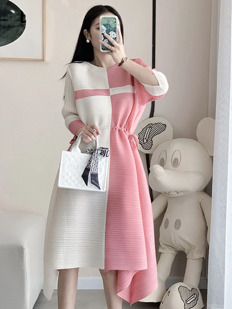 

Miyake Pleated Dress Contrast Color Drawstring Waist Asymmetrical Elastic Plus Size Dresses Casual Style 2022 Autumn Fashion