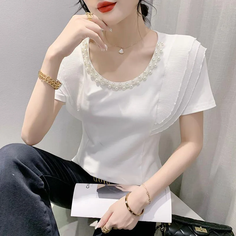Женская летняя футболка с оборками и круглым вырезом жемчугом