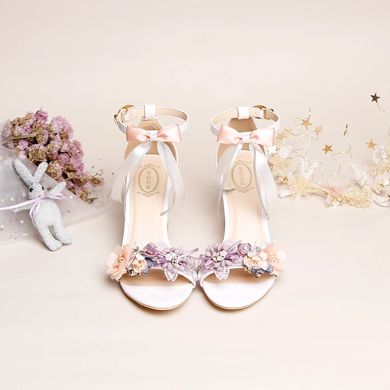 Sandals Girl 2022 New Fashion Fairy Flower Bowknot High Heels Chiffon Tassel One-button Ankle Strap Open Toe School Student Shoe