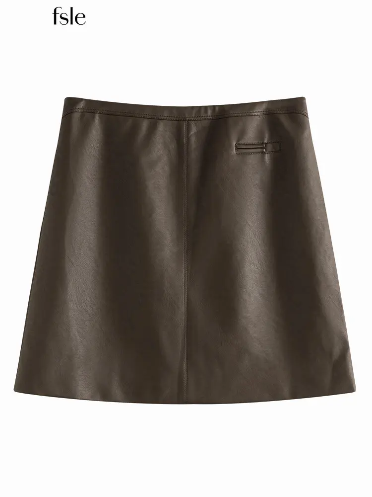 

FSLE Women High Waist PU Leather Above-Knee Length Commuter Skirts Retro Brown Pocket Decoration 2022 Women Winter Skirt