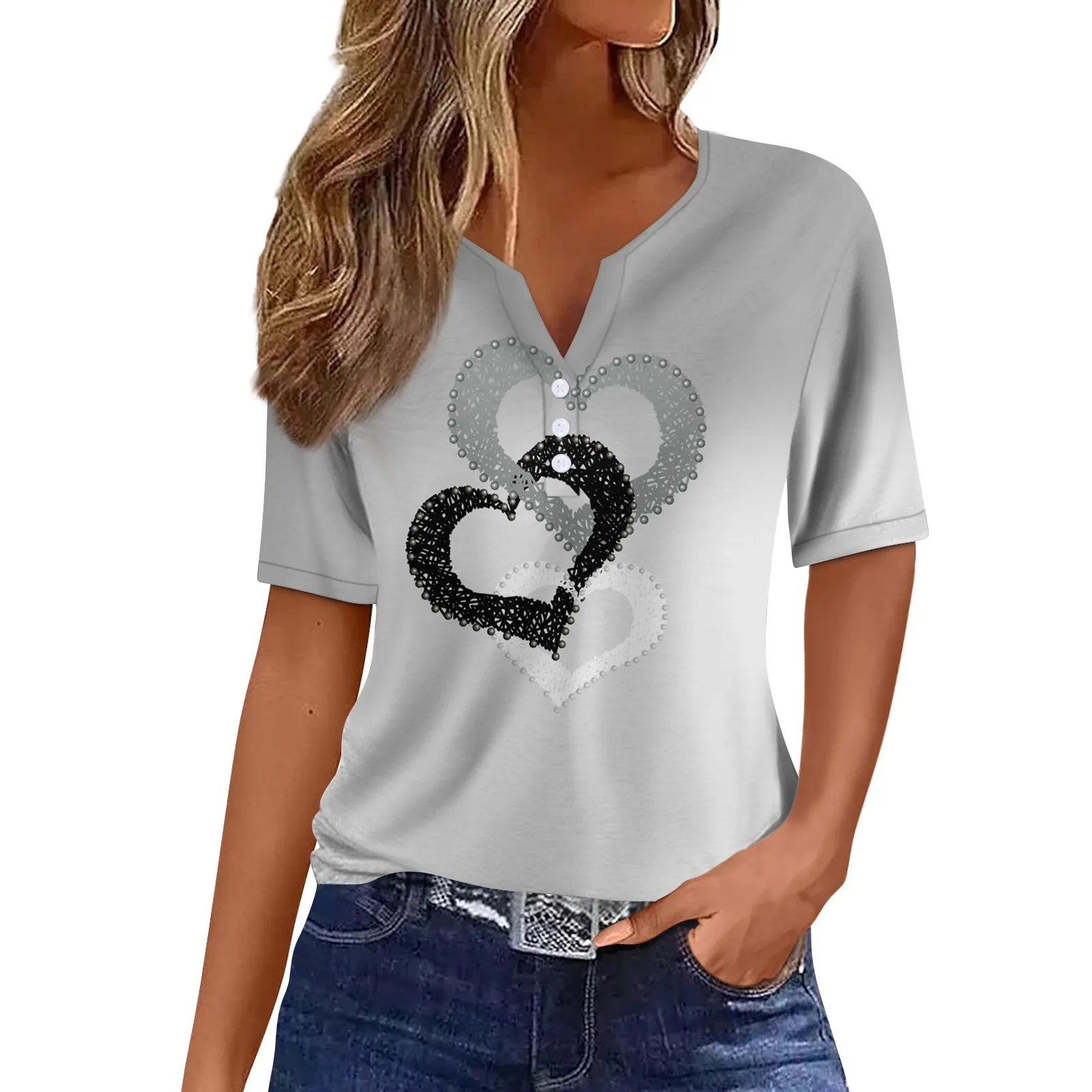 Блузка женская с V-образным вырезом и коротким рукавом на пуговицах