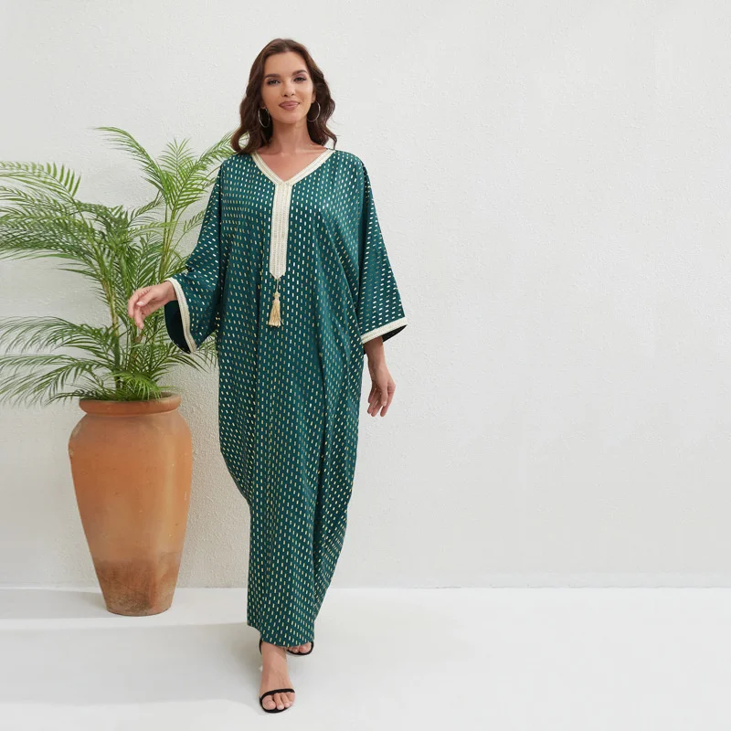 Abaya For Women V-neck Bat Sleep Large Swing Dress For Women's Fashion Loose Casual Four Season Robe Large Size Dubai Turkey