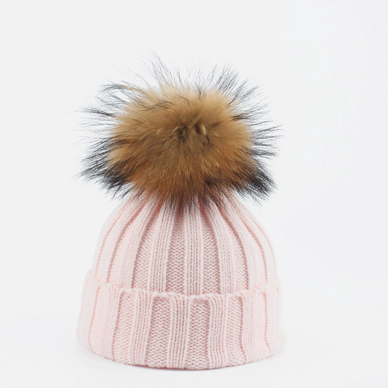 Baby Hat Winter Knitted Hats For Kids Real Fur Pompom Beanie Solid Color Children Cap For Girls Boys images - 6