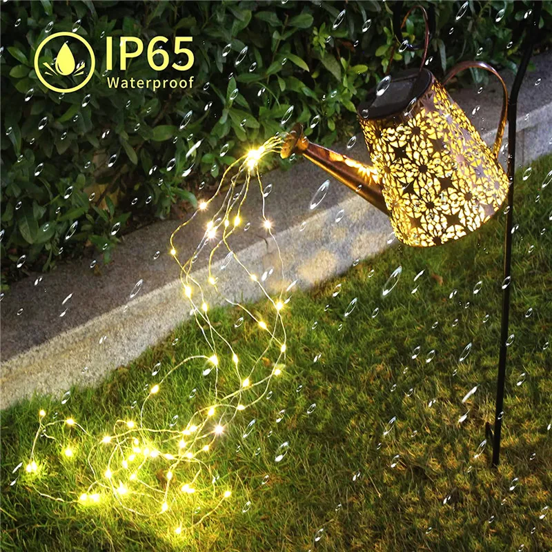 

Solar Powered Wrought Iron Hollow Lamp Trapezoid Watering Can Sprinkles Fairy Light Waterproof Shower Lights Garden Yard Decor