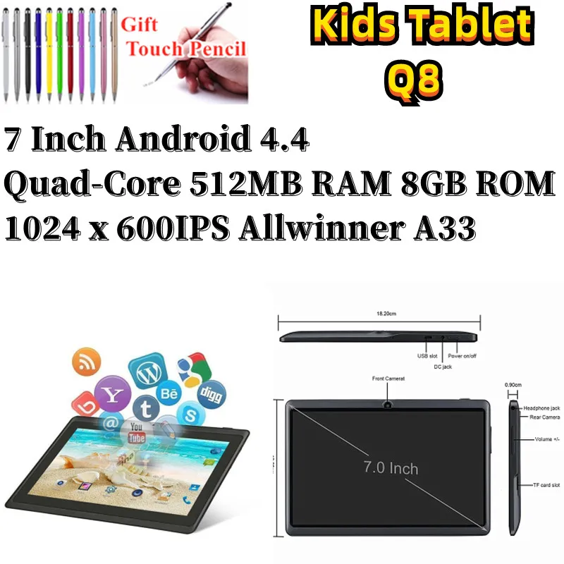 7 Inch Portable Q8 Android 4.4 Tablet PC Quad Core 512MB RAM 8GB ROM ALLWINNER A33 Tab 1024 x 600IPS With Dual Cameras