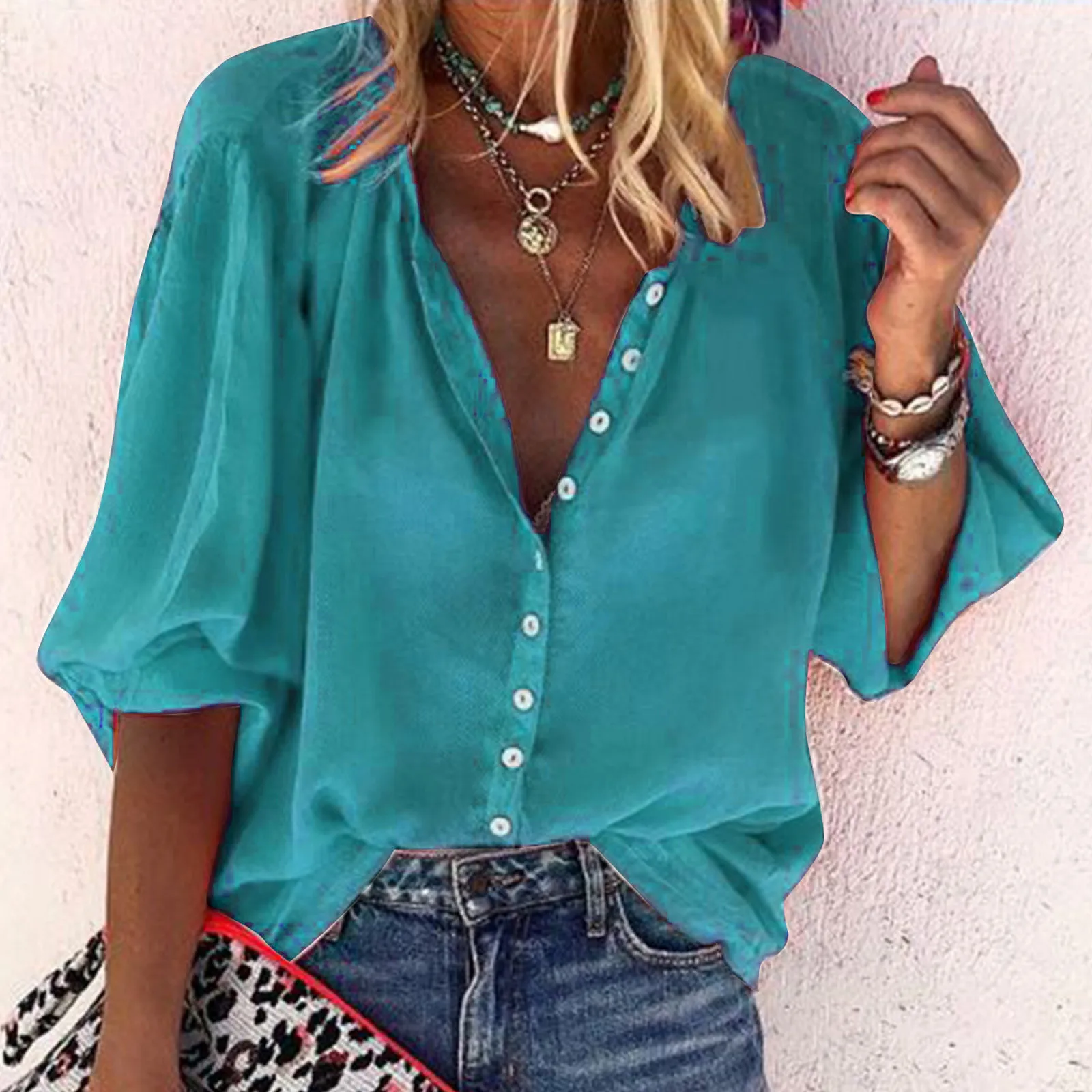 Shirts For Women Casual Three Quarter Sleeve Harajuku Fashion Ladies Tops Button Up Shirt Blouses Et Chemises Blouse - купить по