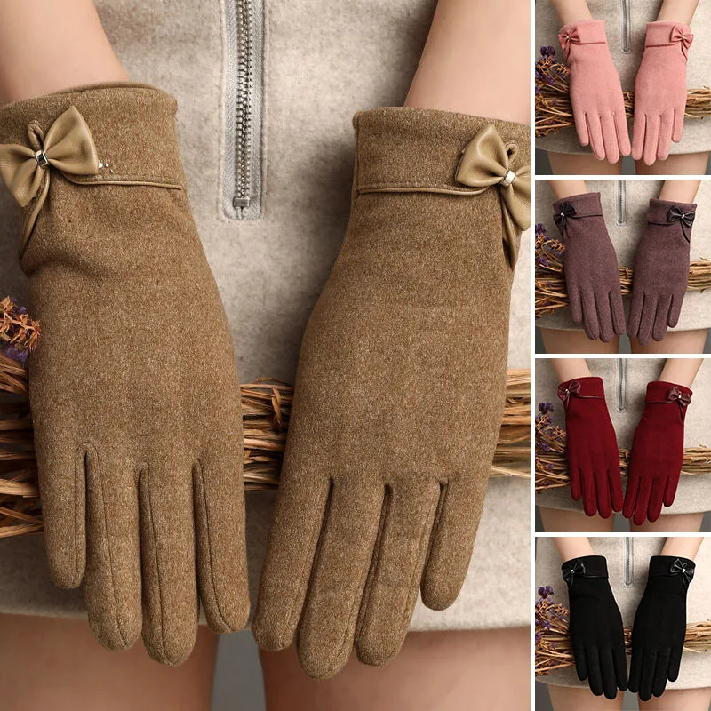 

New Winter Female Leather Bow Glove Rabbit Plush Suede German Velvet Wrist Mitten Thick Windproof Touch Screen Cycling Mittens